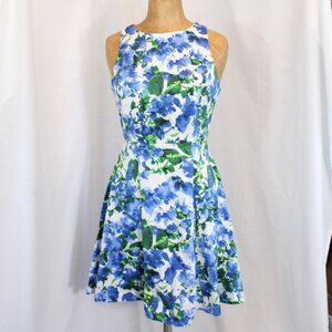 Milly Blue White Floral A-Line Dress With Gold Zipper